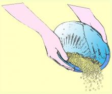 cartoon of two hands holding a cone-shaped bowl and pouring rice out of it