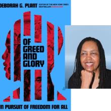 Deborah Plant and the cover of her book, Of Greed And Glory